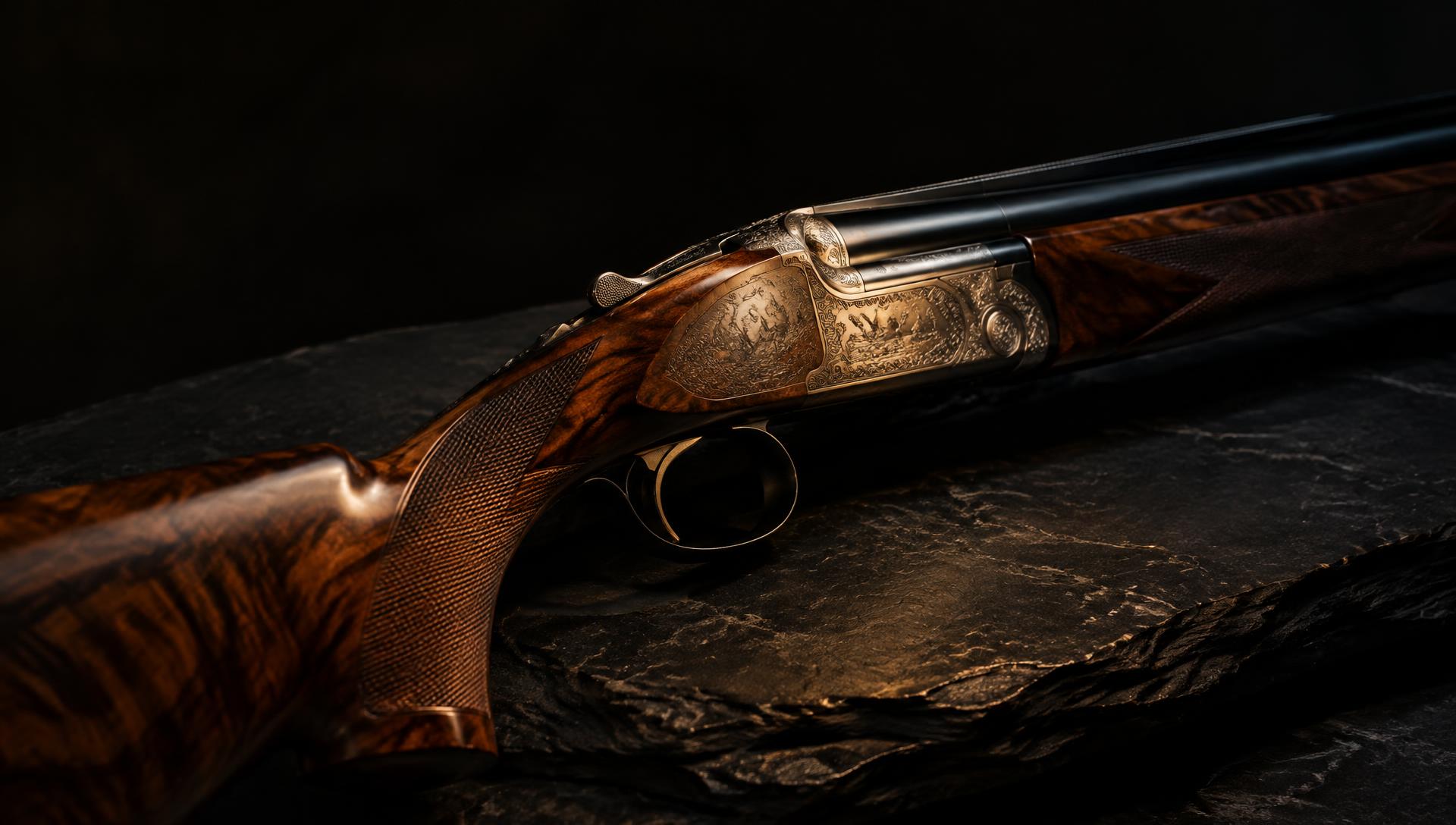 A fine over-and-under competition shotgun on dark slate