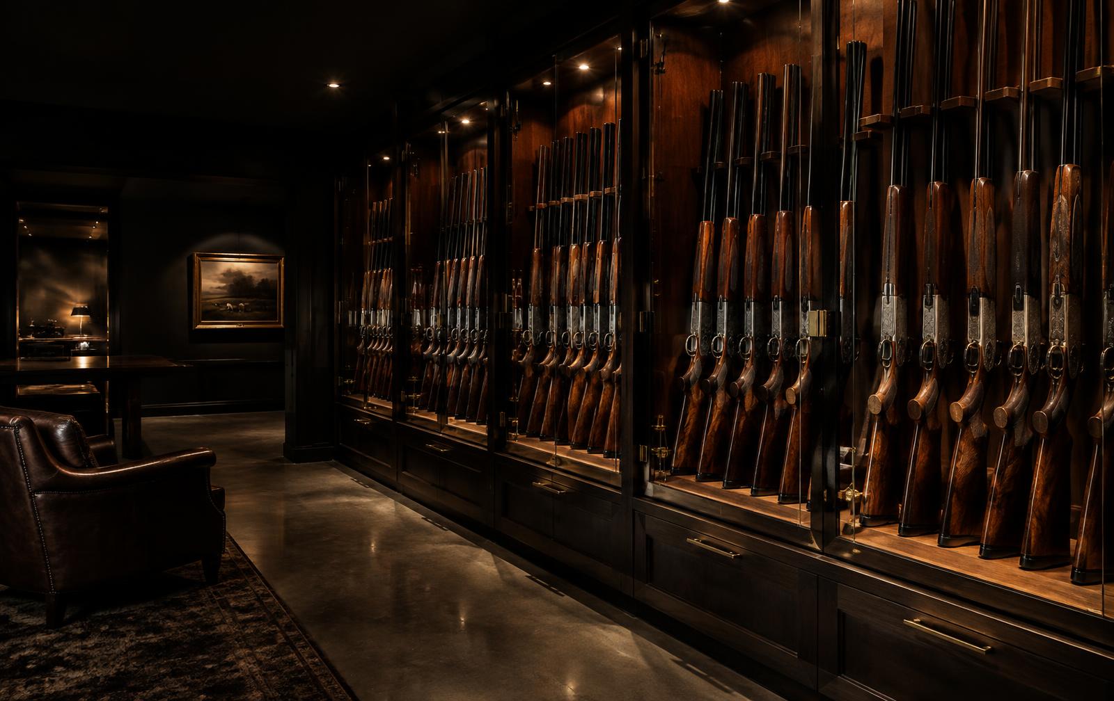 Shotguns racked in a walnut and glass gun room